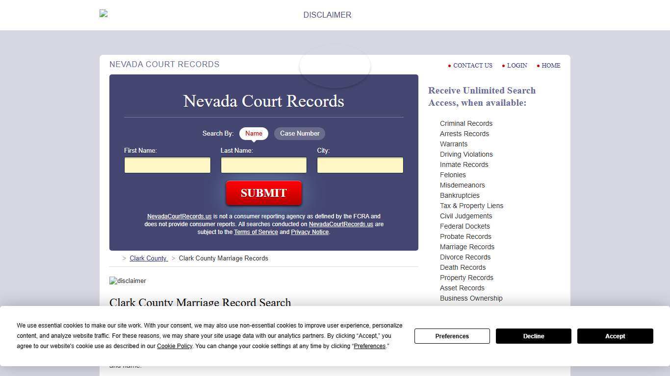 Clark County Marriage Records NevadaCourtRecords.us